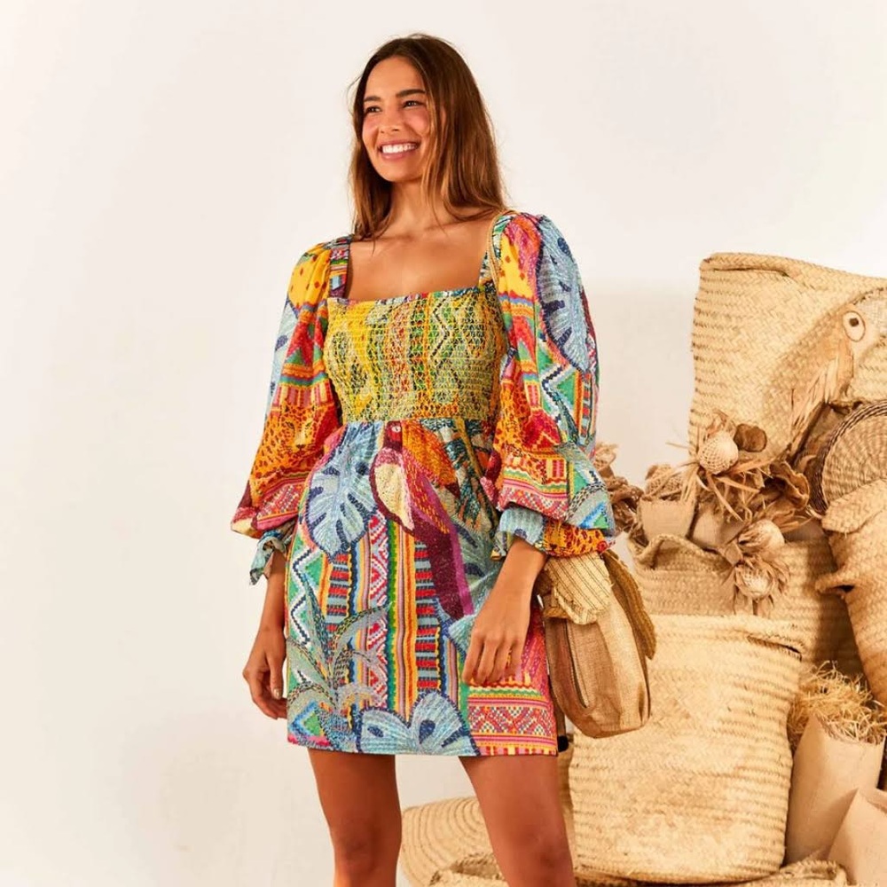 FARM Rio Summer Tapestry Smocked Mini Dress NWT Size XS